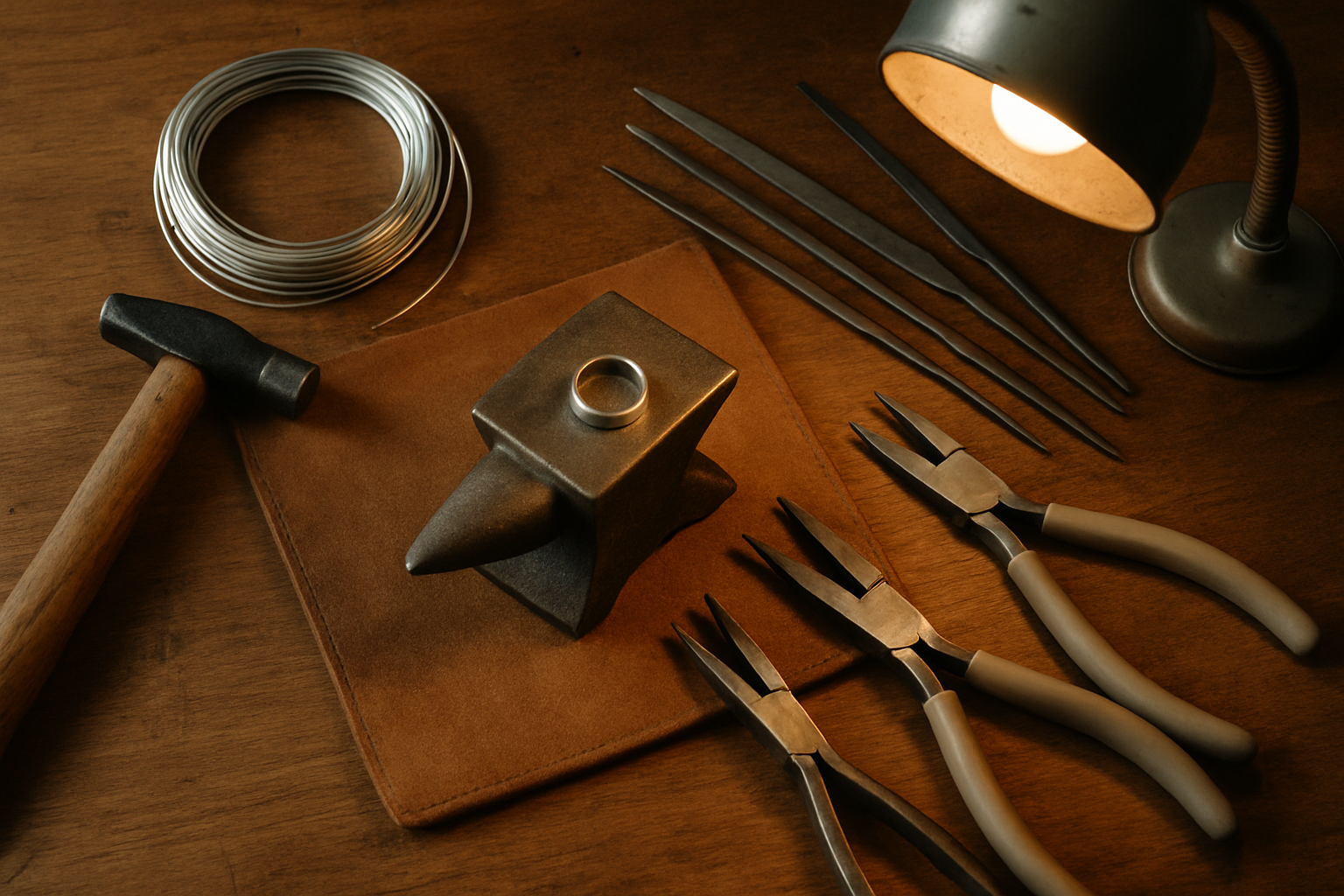 Artisan jeweler's wooden workbench with hand tools, silver wire, and an in-progress ring under warm lamp light