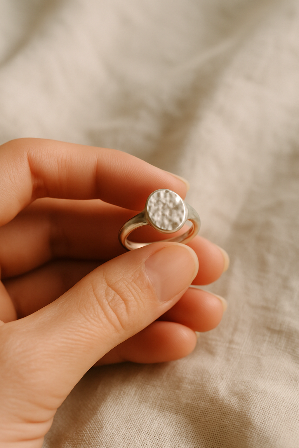 Hand holding a delicate hammered silver signet ring in soft natural light on a linen surface