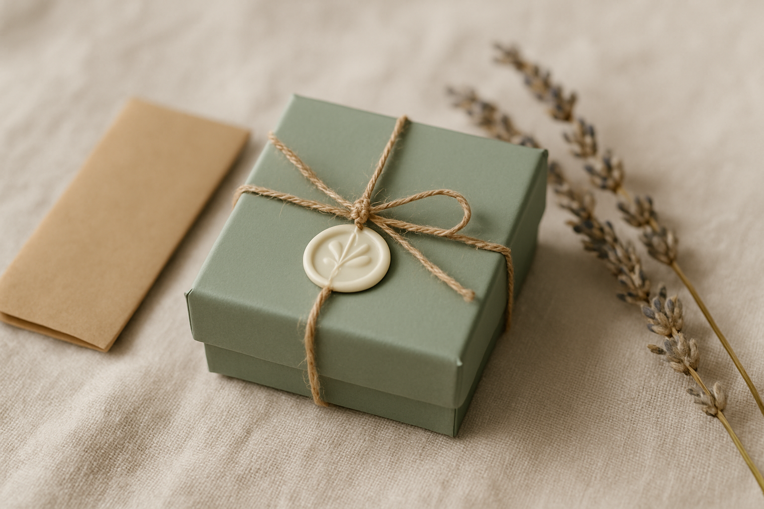Sage green keepsake jewelry box tied with natural twine, surrounded by dried lavender on a linen surface