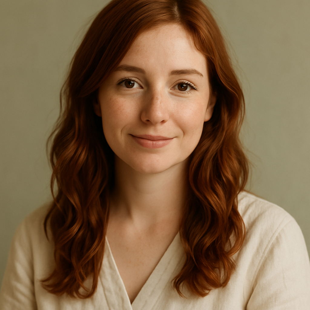Portrait of Amelia R., a young woman with auburn hair