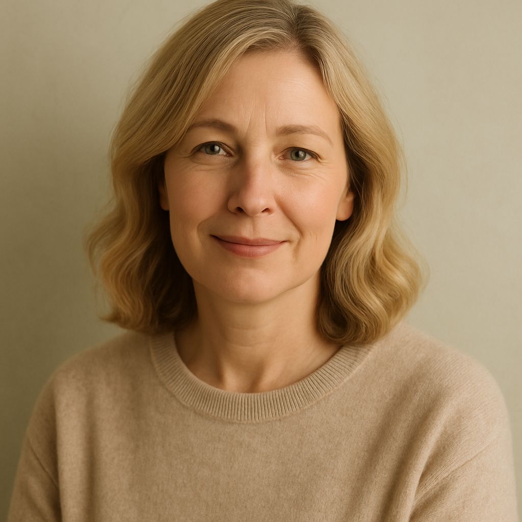 Portrait of Elena K., a woman with blonde wavy hair and soft smile