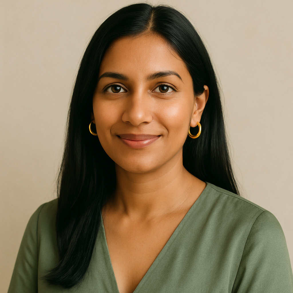 Portrait of Priya S., a woman with long black hair and gold hoop earrings
