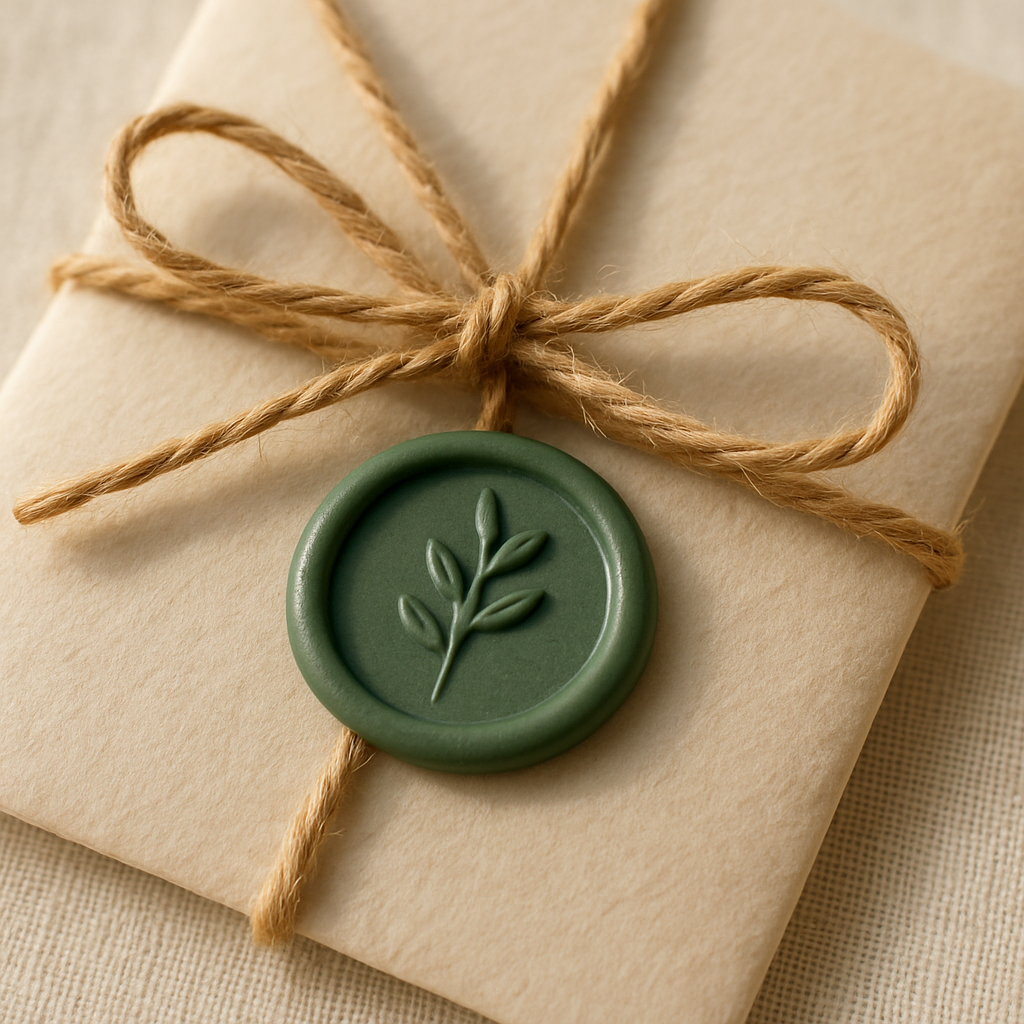 Close-up of hand-stamped wax seal and natural jute twine on cream paper sleeve