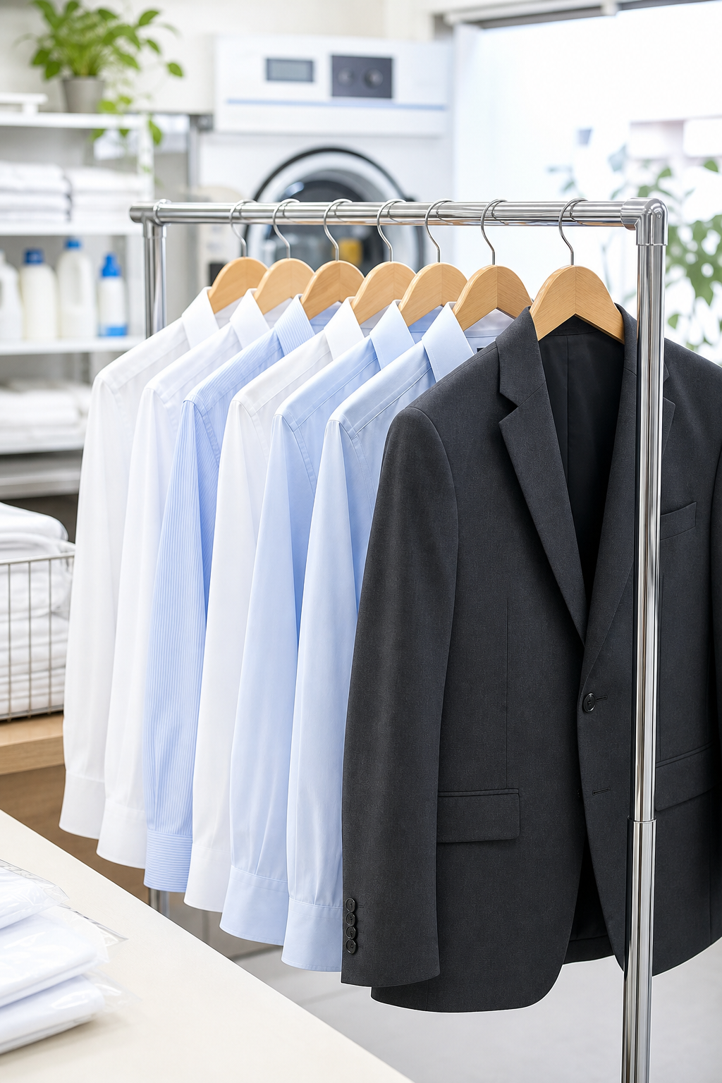 Freshly pressed shirts and jackets on wooden hangers in a bright, tidy garment-care setting