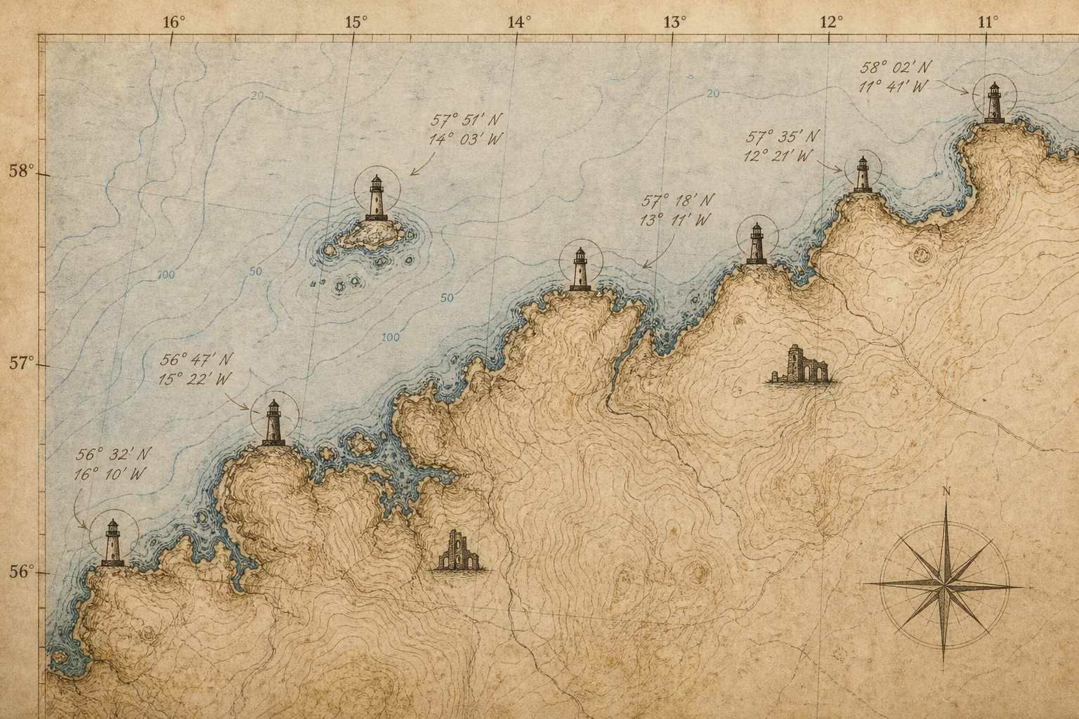 Stylized coastal map detail showing northern shoreline contours, lighthouse symbols, and handwritten coordinate notes