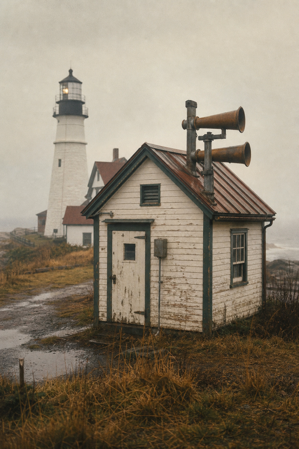 Small fog signal house with weathered clapboard walls beside the main lighthouse