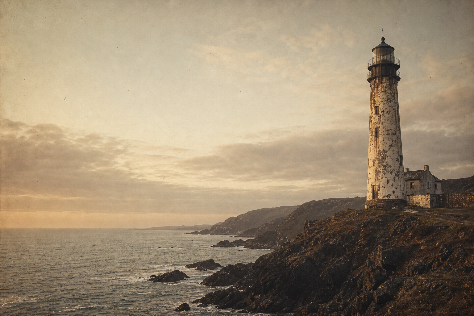 Archival photograph style view of a northern coastline lighthouse on rugged cliffs at dusk with soft sea mist