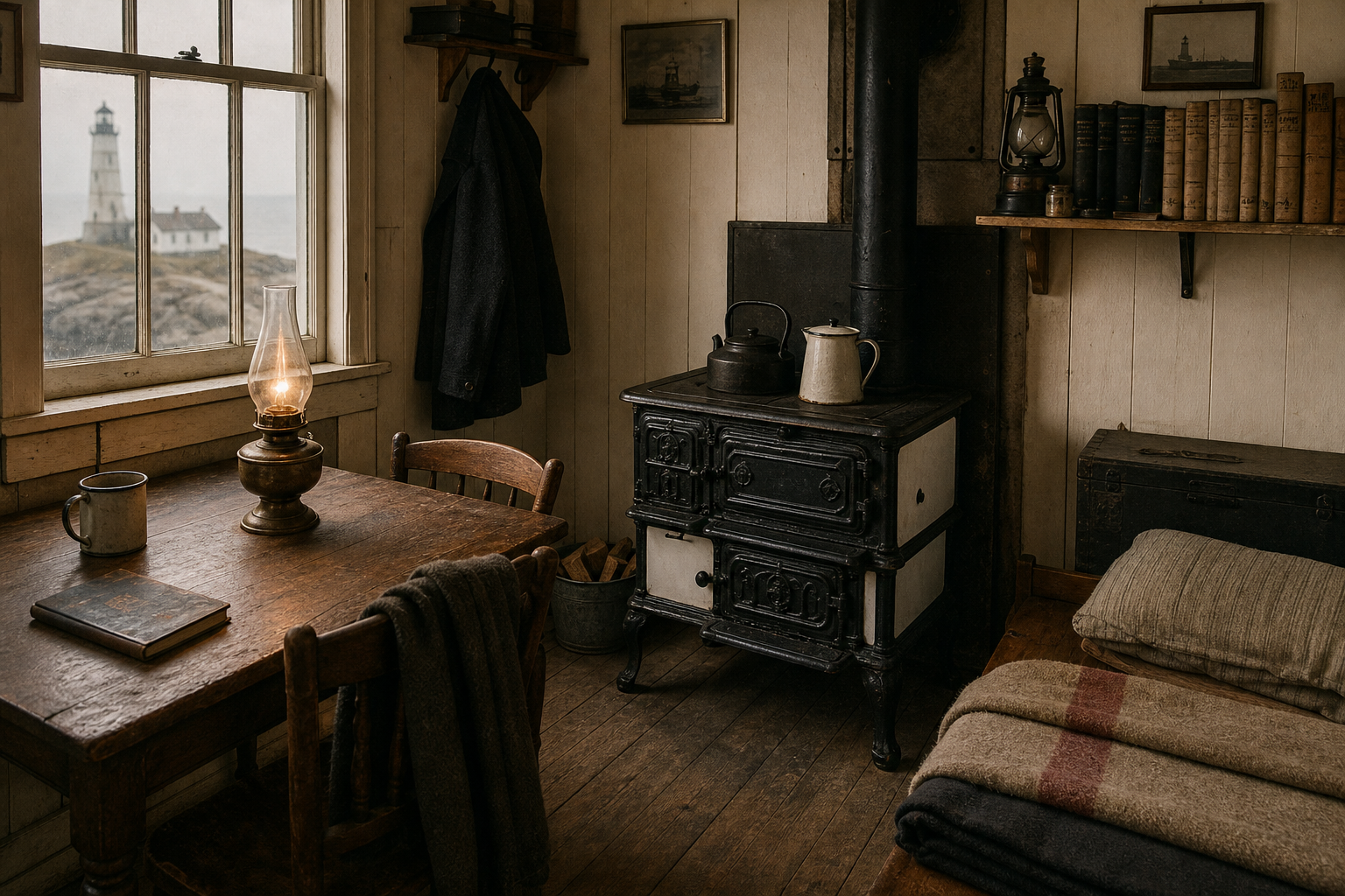 Modest keeper living quarters with wooden table, enamel stove, and logbook shelf