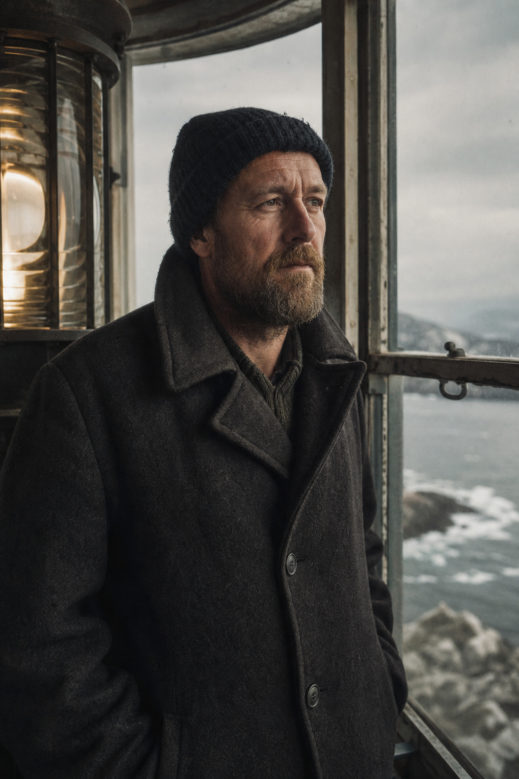 Elias Ward in a heavy wool coat beside a lantern room window, early morning coastal light