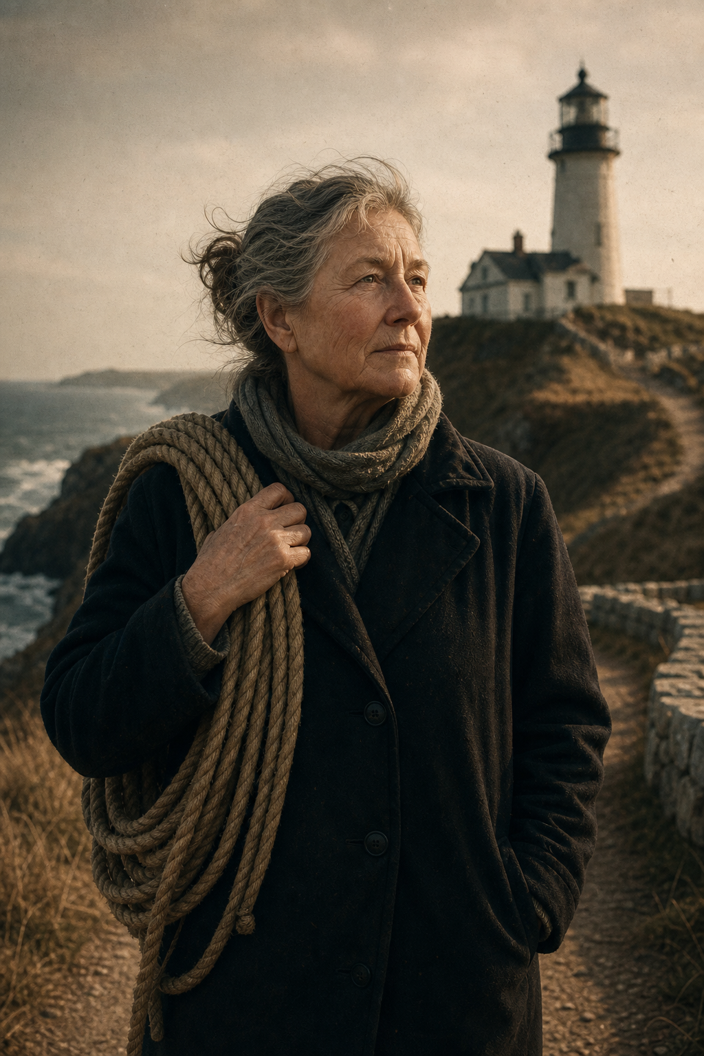 Inga Voss on a cliff path carrying coiled signal rope with the lighthouse in soft background