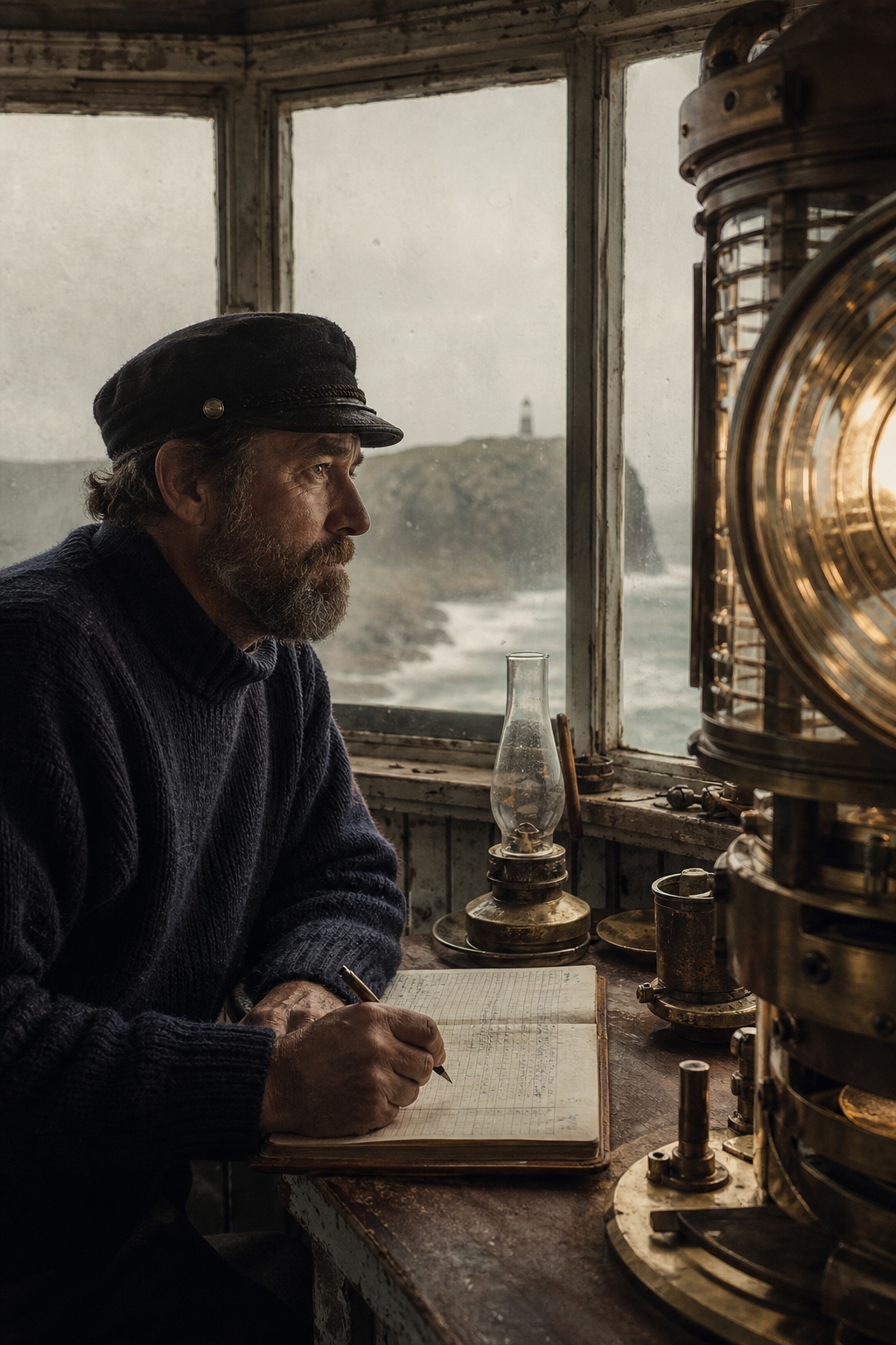Documentary-style portrait of a northern coast lighthouse keeper inside a weathered lantern room