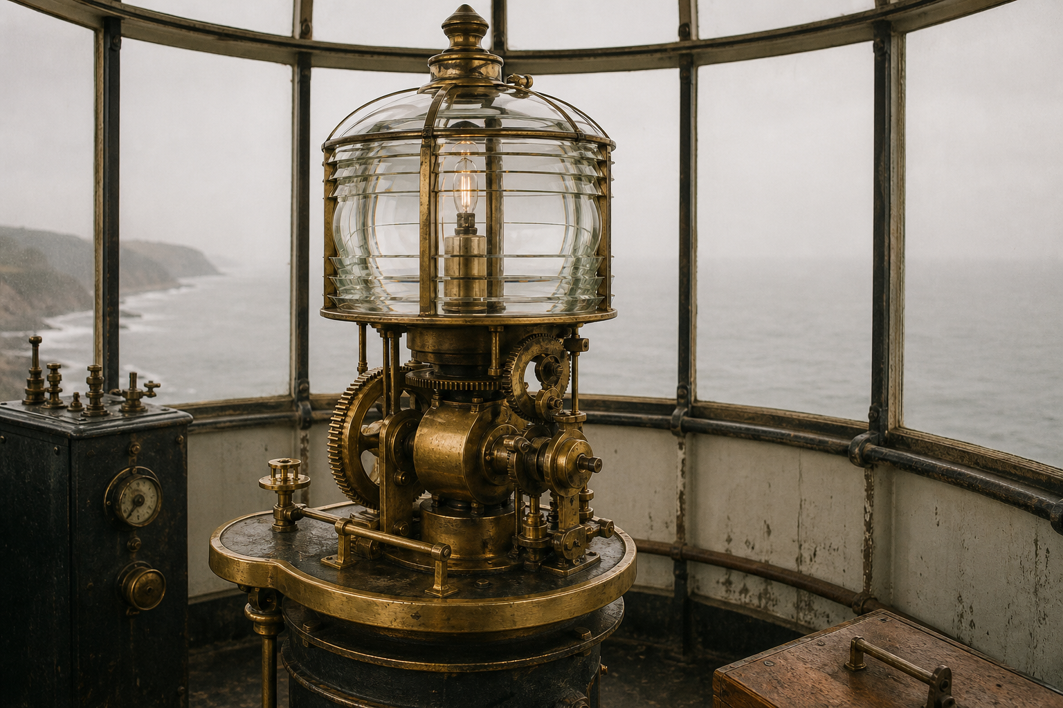 Interior lantern room with brass mechanism and curved glass panes in muted light