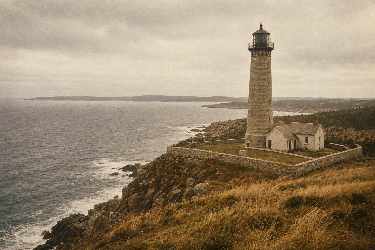Panoramic archival view of a granite lighthouse above a windswept northern headland