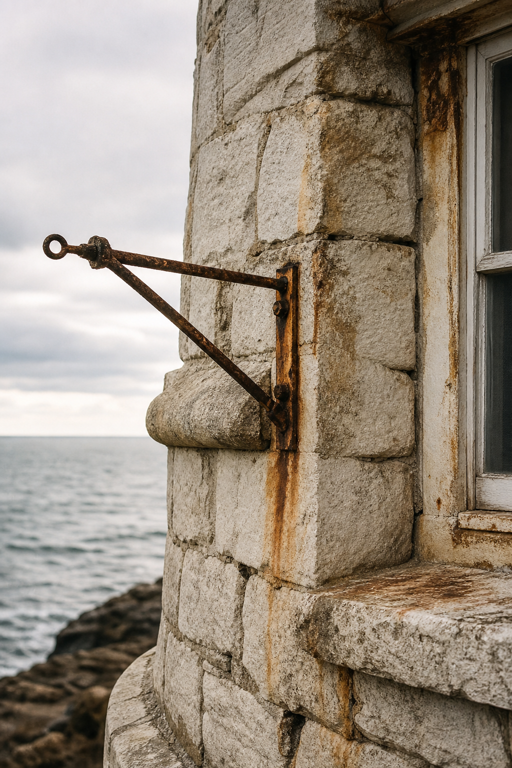Close coastal detail of lighthouse stonework with weathered mortar and sea spray marks