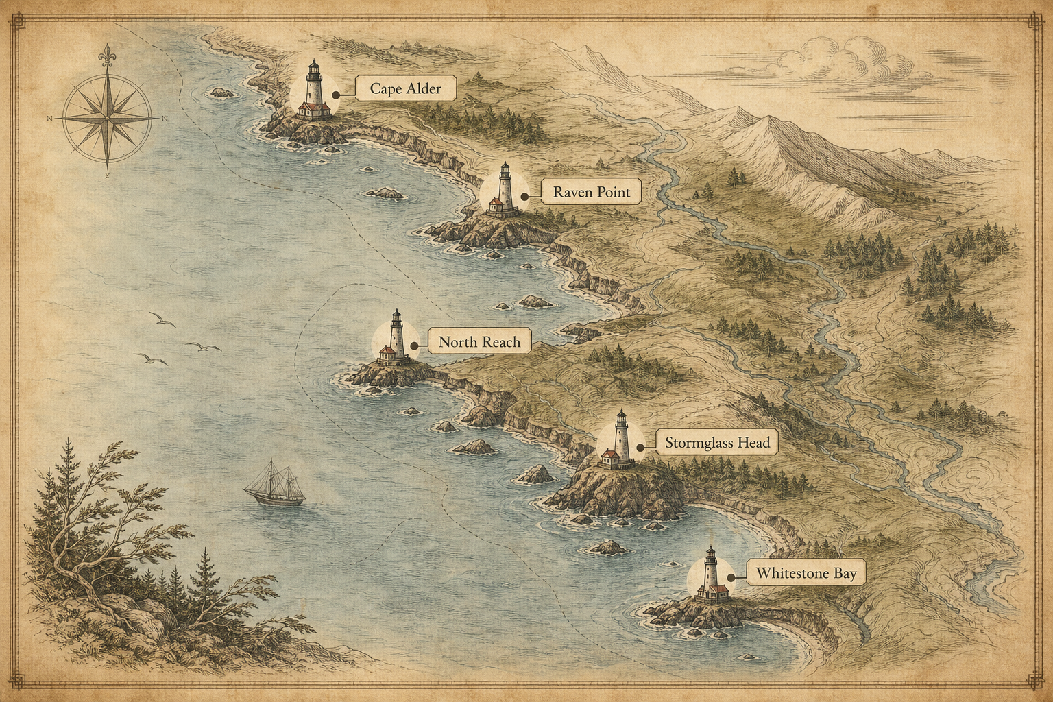 Illustrated northern coast map with preserved lighthouse markers and location labels