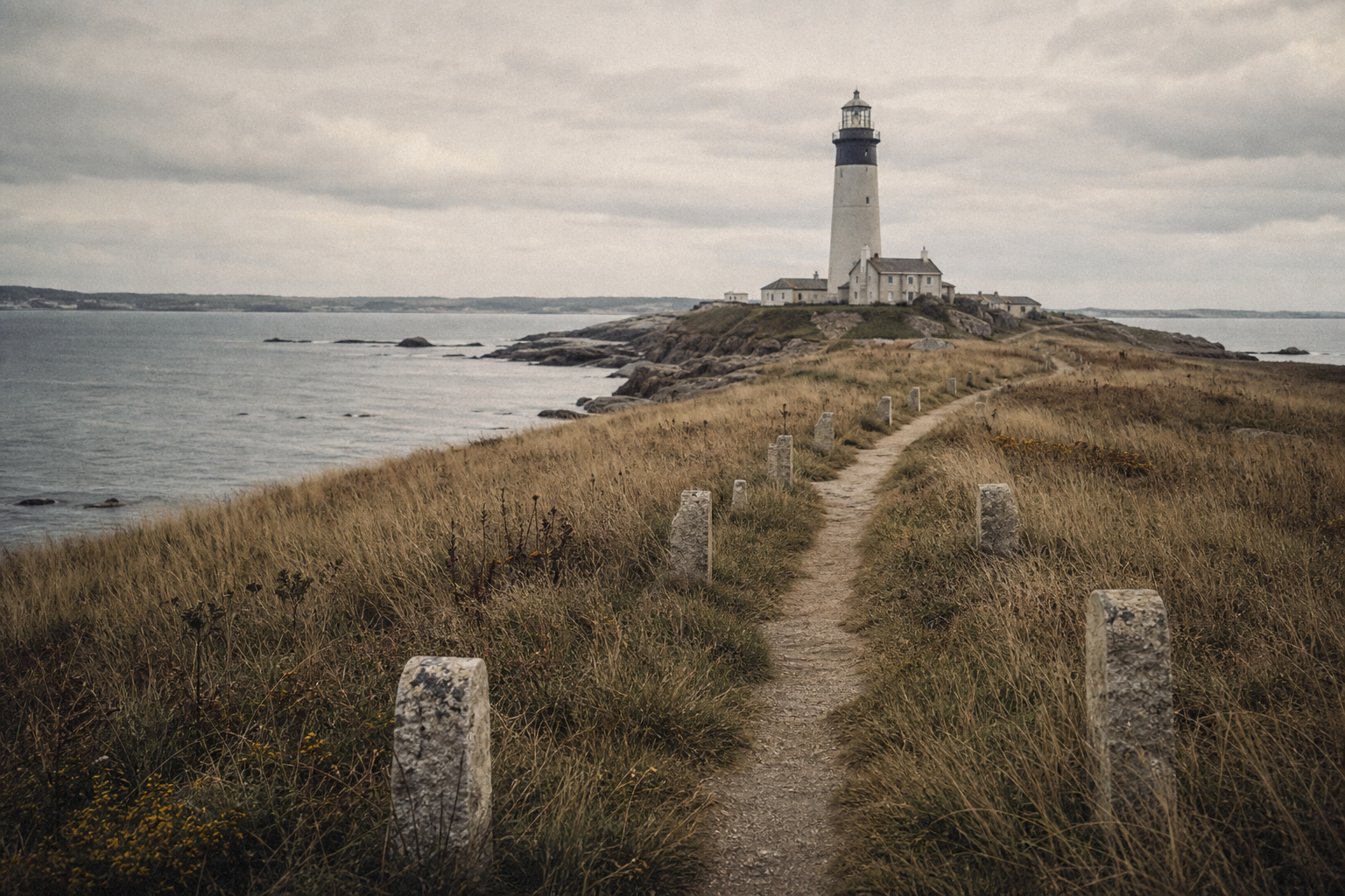 Coastal footpath leading toward a distant lighthouse above grassy shoreline dunes
