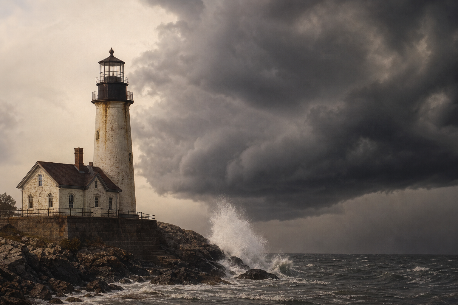 Historic lighthouse standing against a dark storm front with rough sea at the base