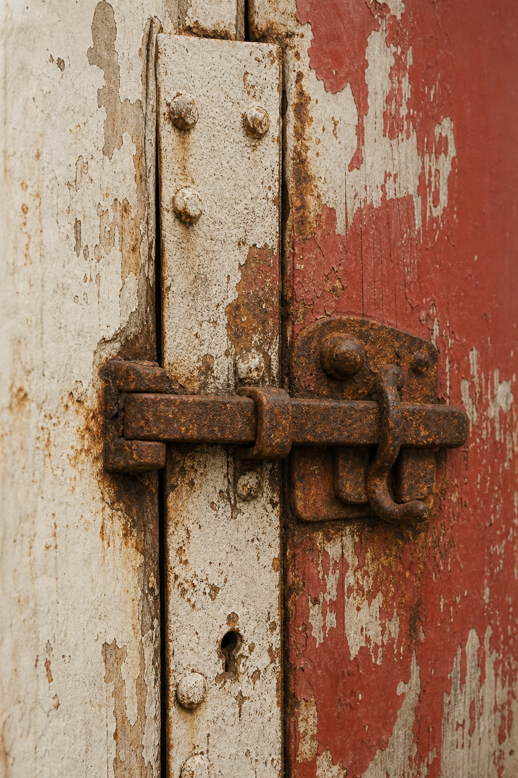 Close archival detail of rusted iron lighthouse door fittings and peeling paint
