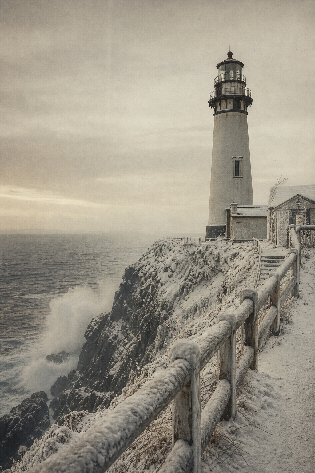 Narrow lighthouse on a snowy cliff edge with cold sea spray and distant horizon