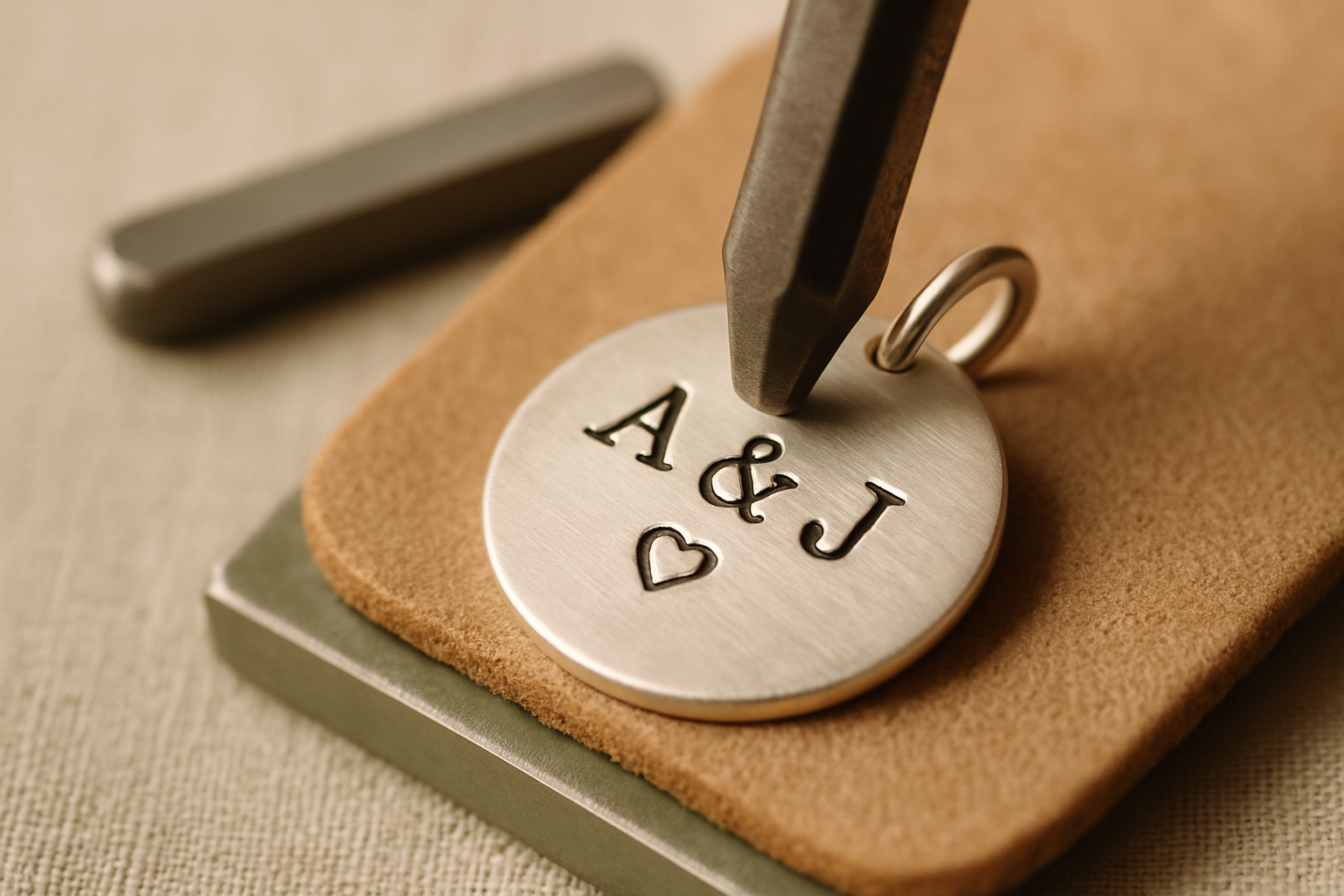 Close-up of hand-stamped initials engraved on a flat silver disc pendant