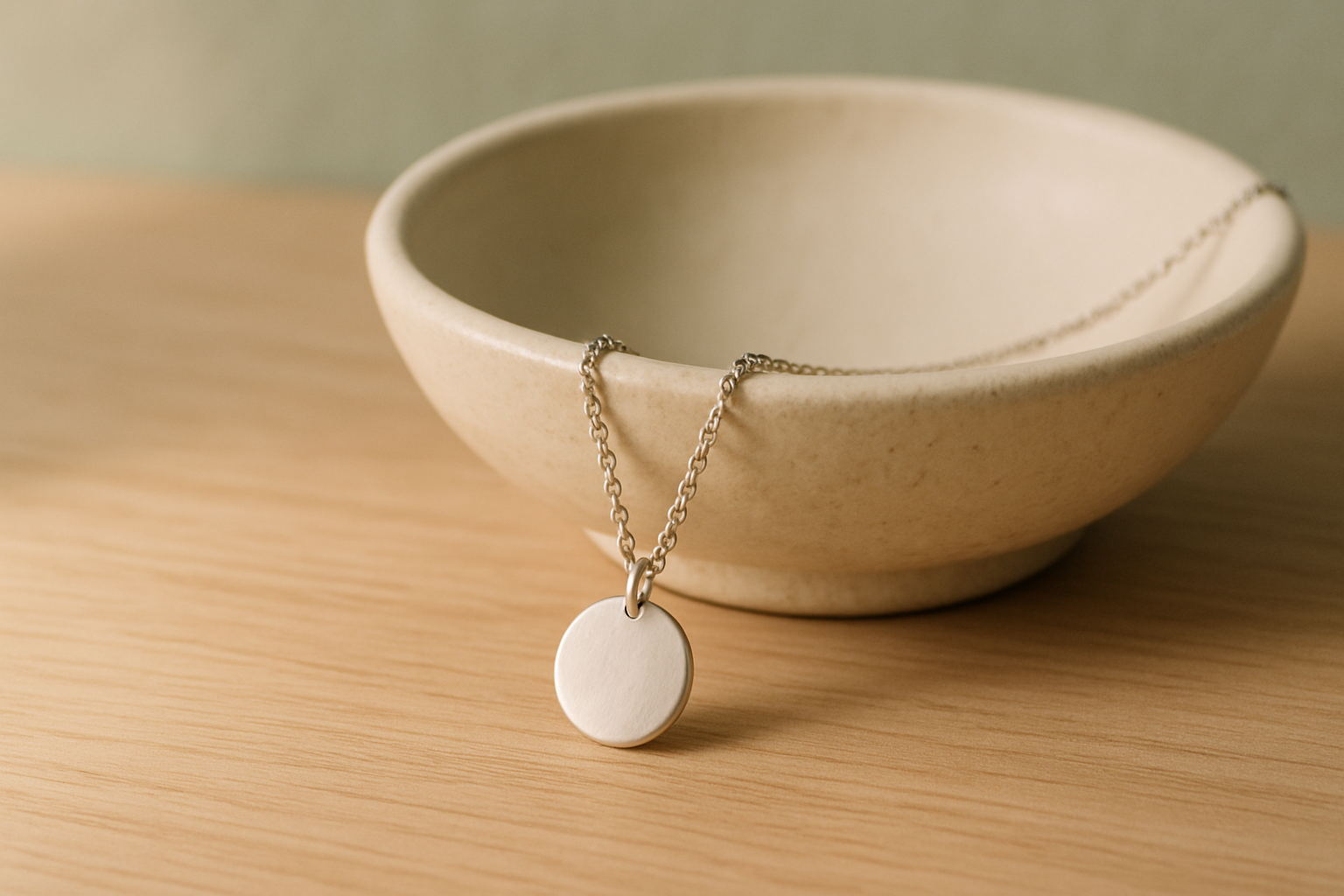 Delicate silver chain necklace with a small round pendant draped over a ceramic dish