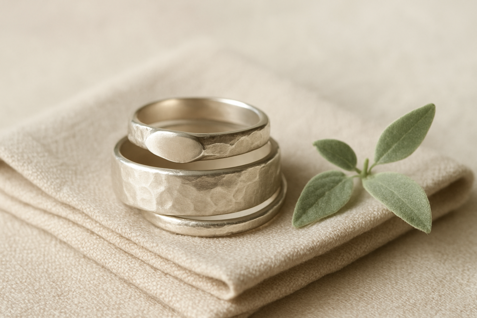 Handmade hammered sterling silver stacking rings resting on a linen cloth
