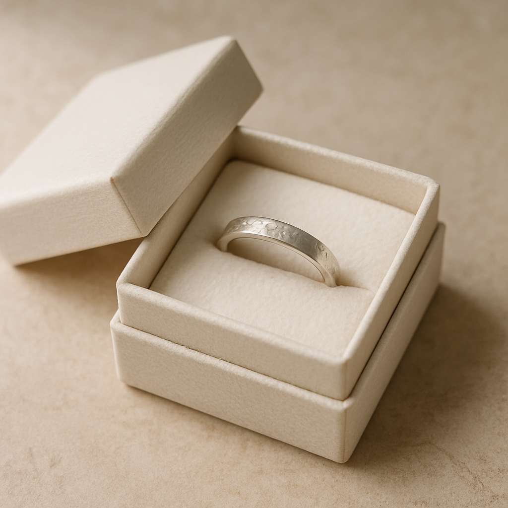 Close-up of an open cream jewelry box with a silver ring nestled in a soft cotton insert