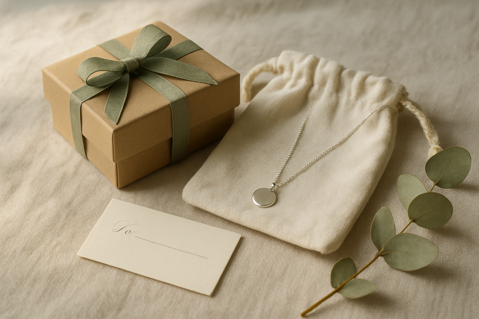 Calm linen tabletop with a kraft gift box tied in sage ribbon, a silver necklace resting on an open linen pouch, and a small handwritten card
