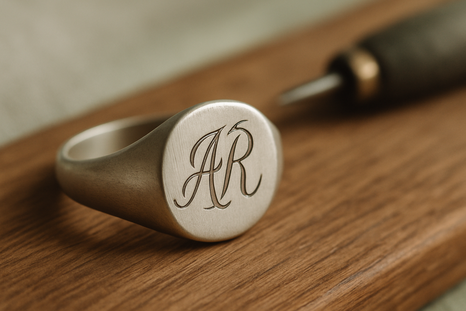 Macro close-up of hand-engraved initials on a brushed silver signet ring