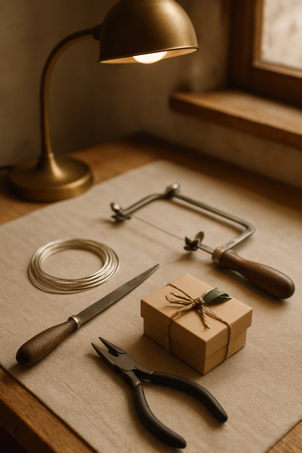 Artisan workbench with jeweler's tools, silver wire and a kraft gift box tied with twine