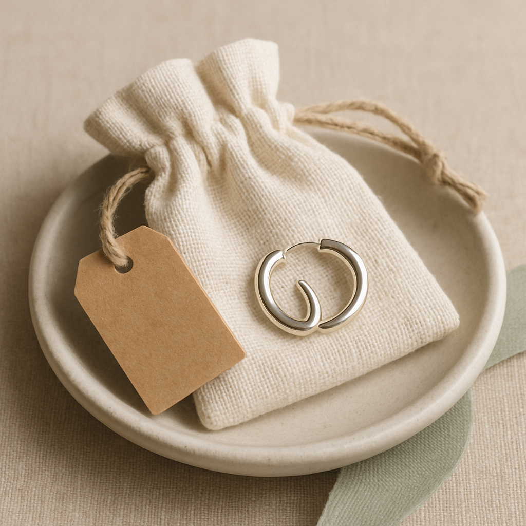 Oatmeal linen drawstring pouch with a stamped SilverLoom tag and silver earrings peeking out
