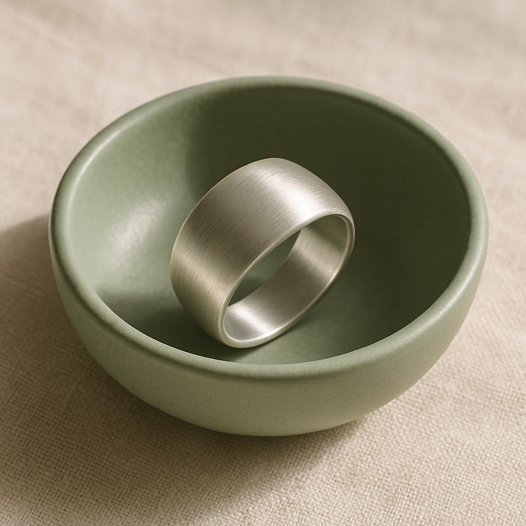 Brushed sterling silver dome ring on a sage ceramic dish