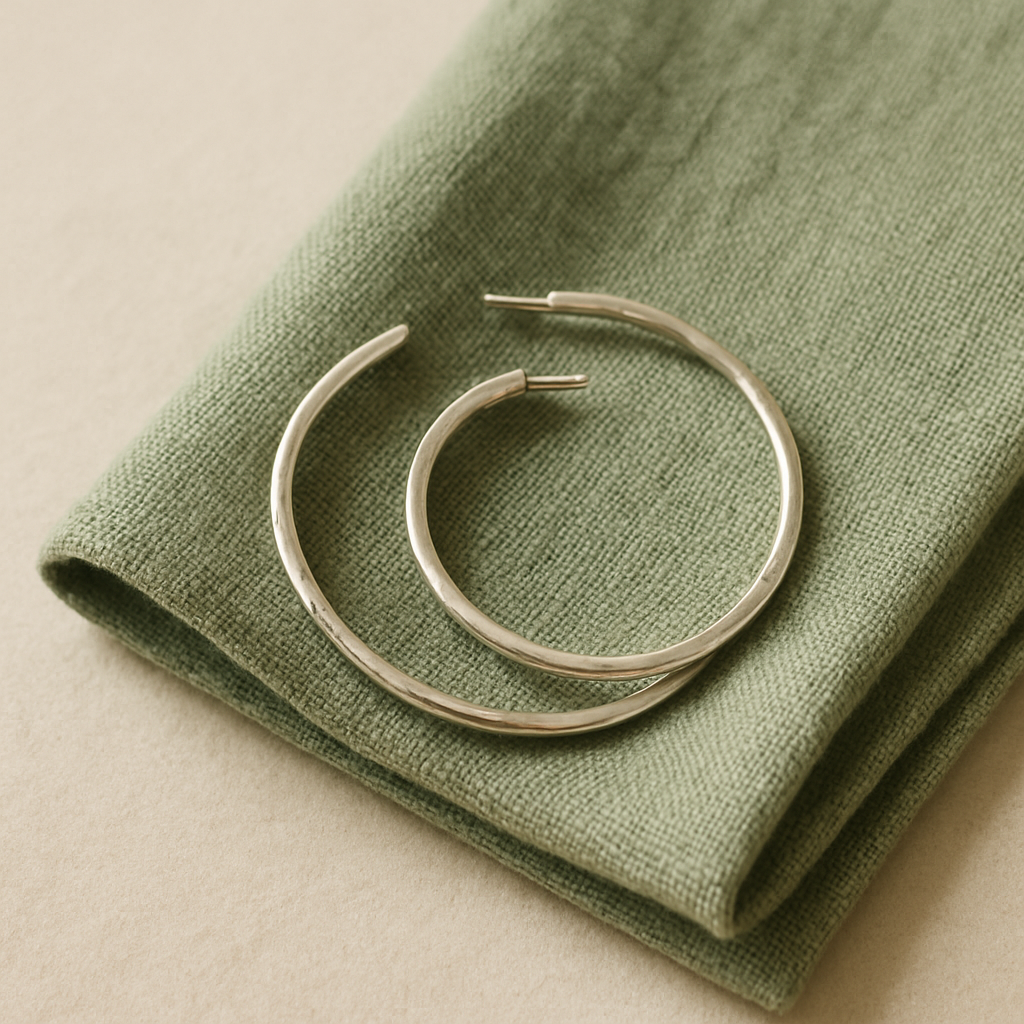 Pair of slim hand-forged silver hoop earrings on a sage linen napkin