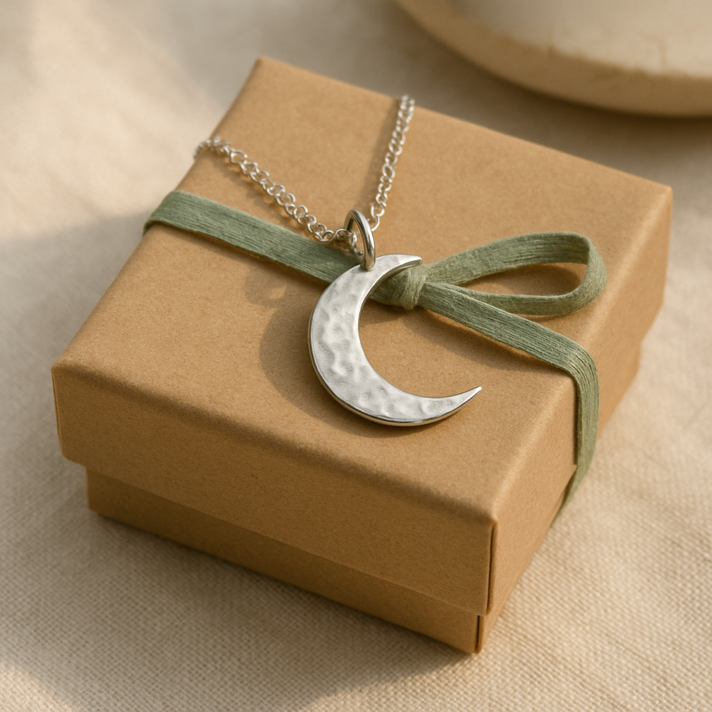 Hammered silver crescent moon pendant resting on a kraft gift box