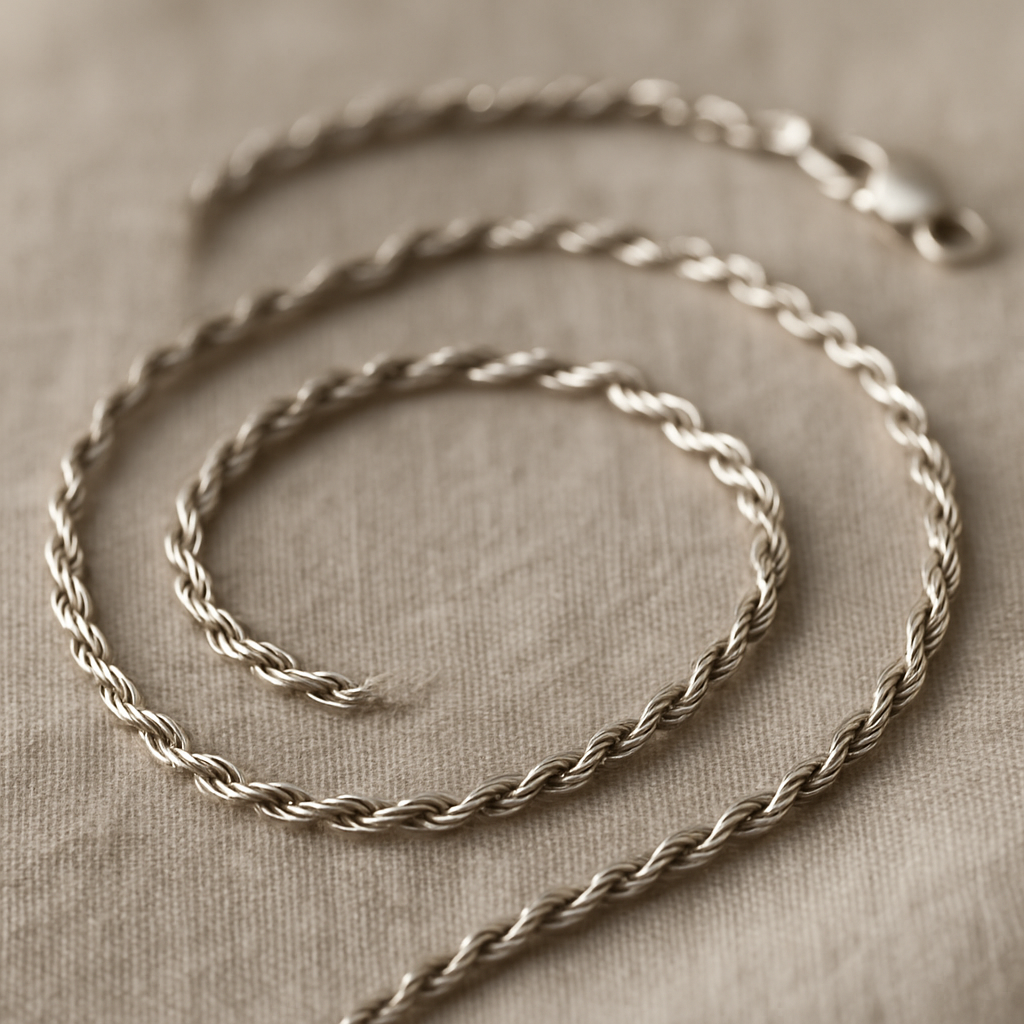 Fine twisted sterling silver chain necklace coiled on linen