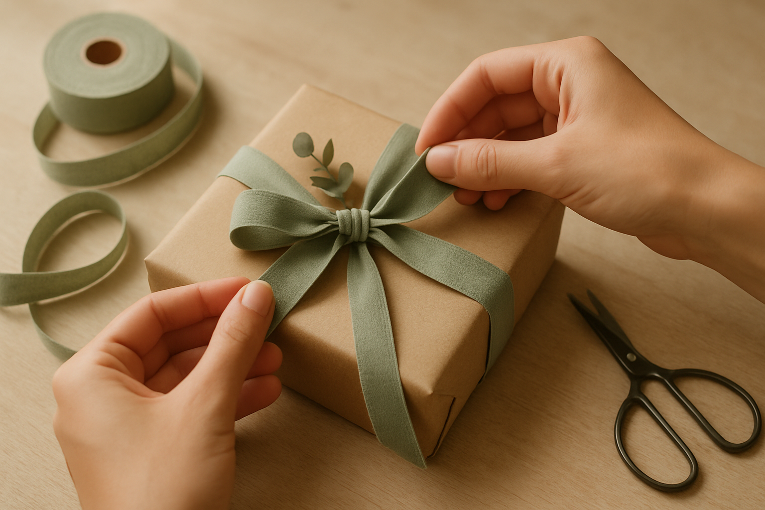 Hands tying a sage cotton ribbon around recycled kraft wrapping paper with a sprig of dried eucalyptus