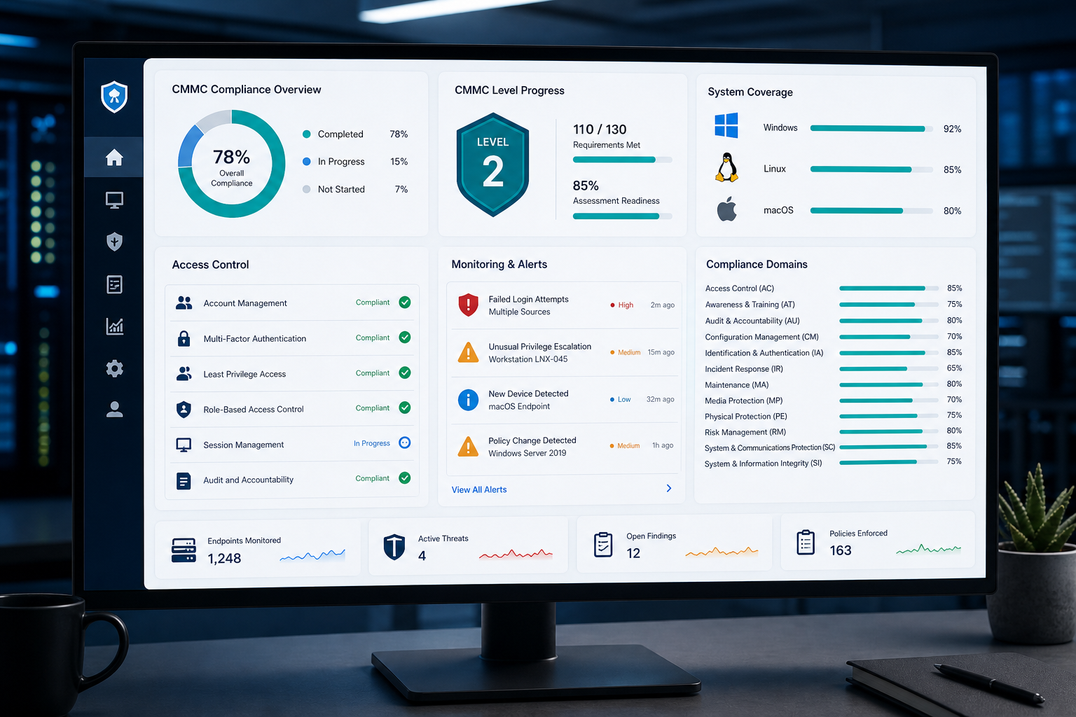 Cybersecurity operations dashboard showing CMMC compliance status for Windows, Linux, and macOS systems with access control and monitoring indicators