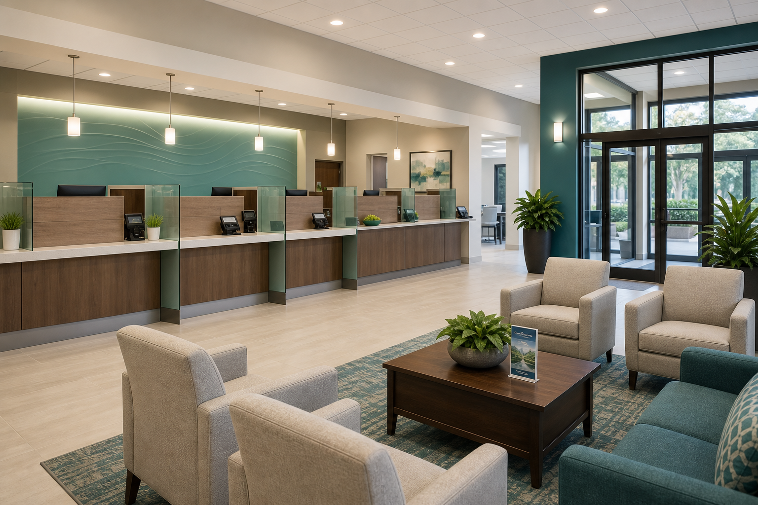 Professional bank lobby with clean teller counters, seating area, and soft teal accents