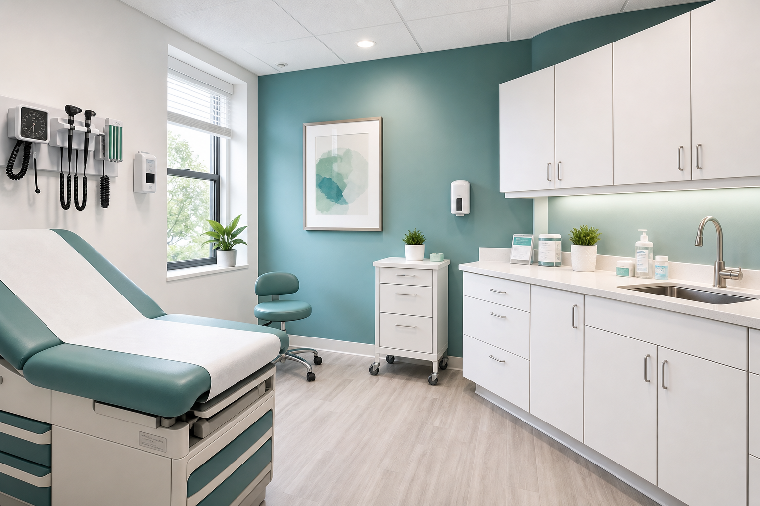 Spotless medical clinic exam room with teal accents, clean counters, and organized equipment