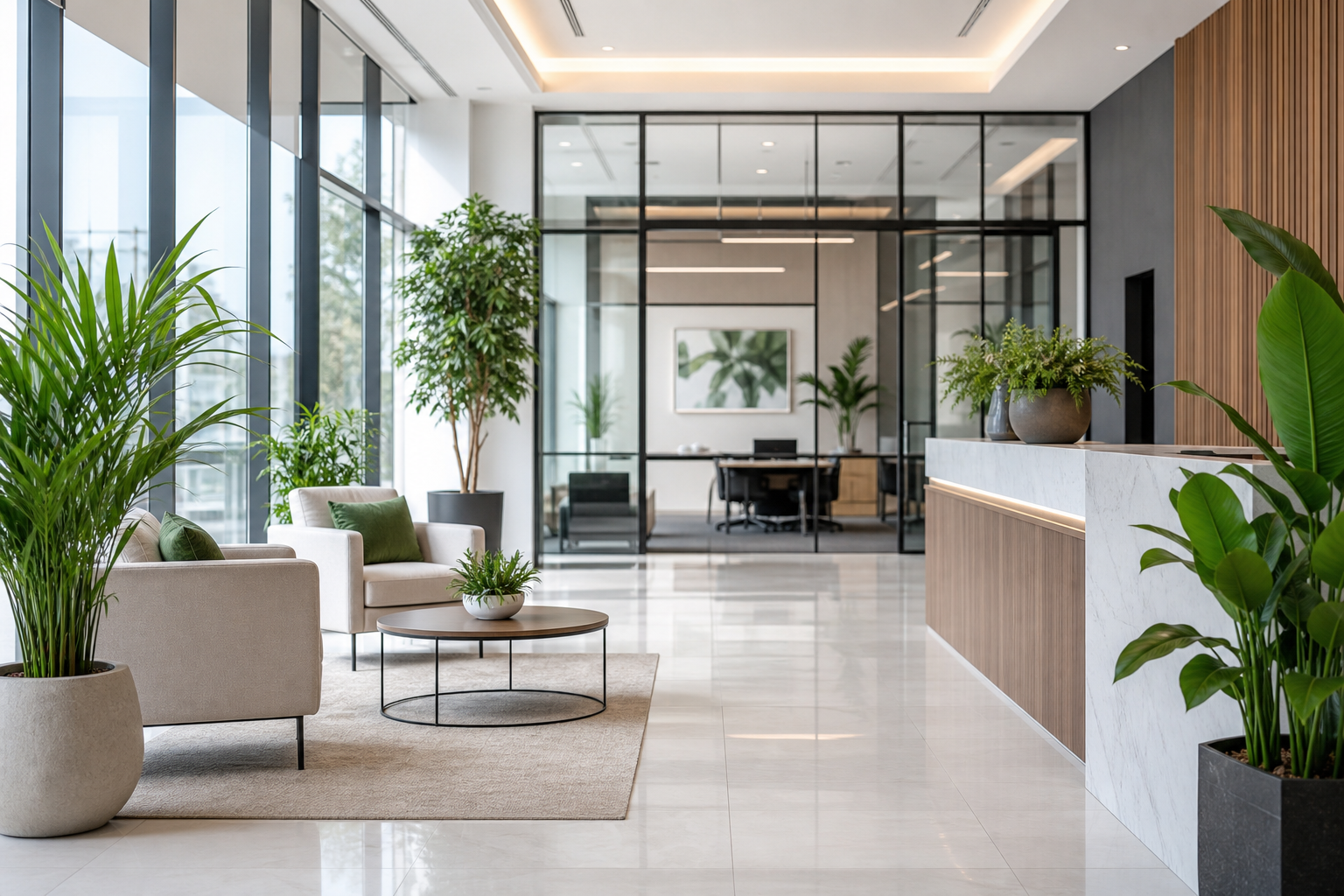 Modern commercial building interior lobby with clean floors, plants, and natural light