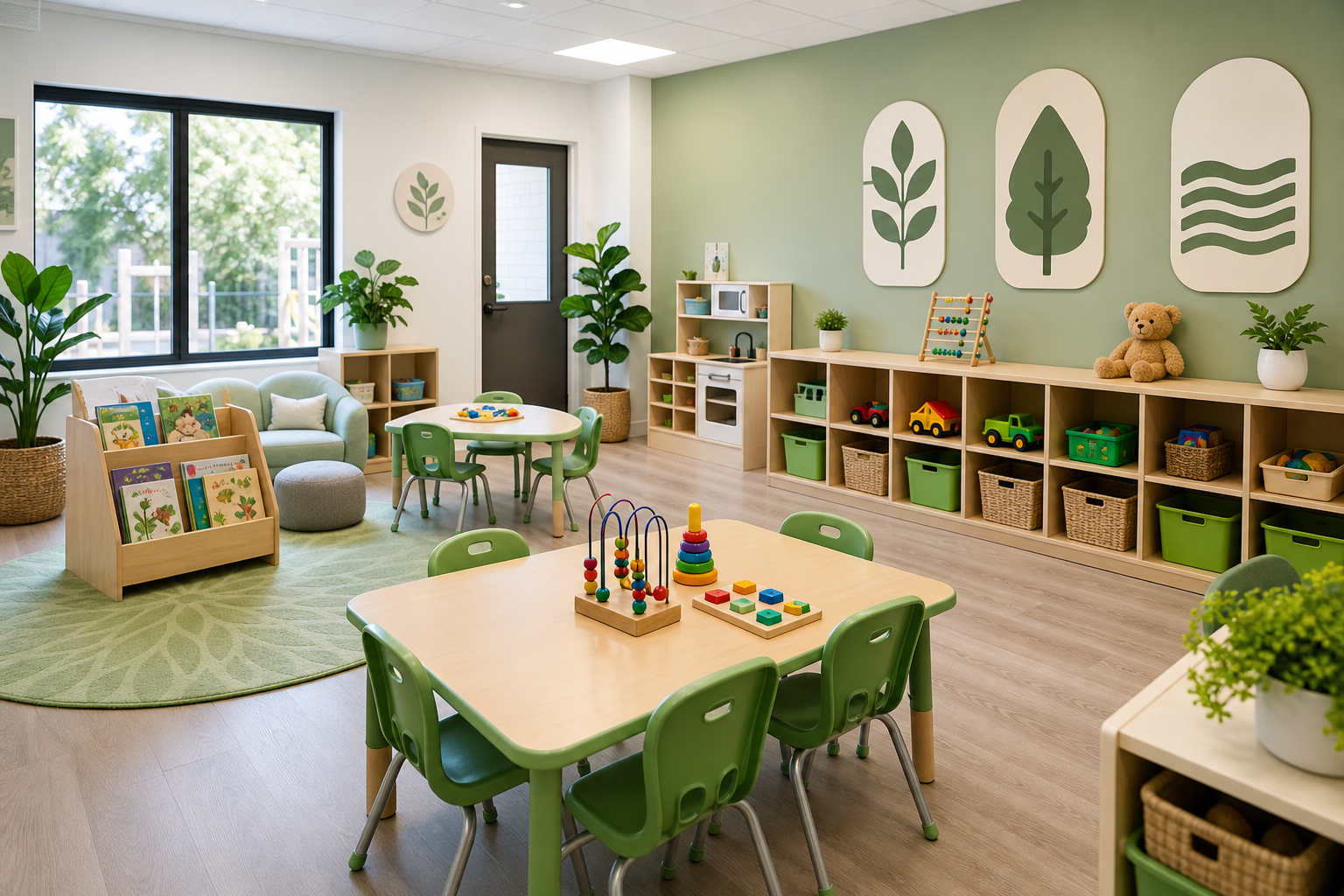Cheerful daycare classroom with tidy play tables, toys, and soft green accents
