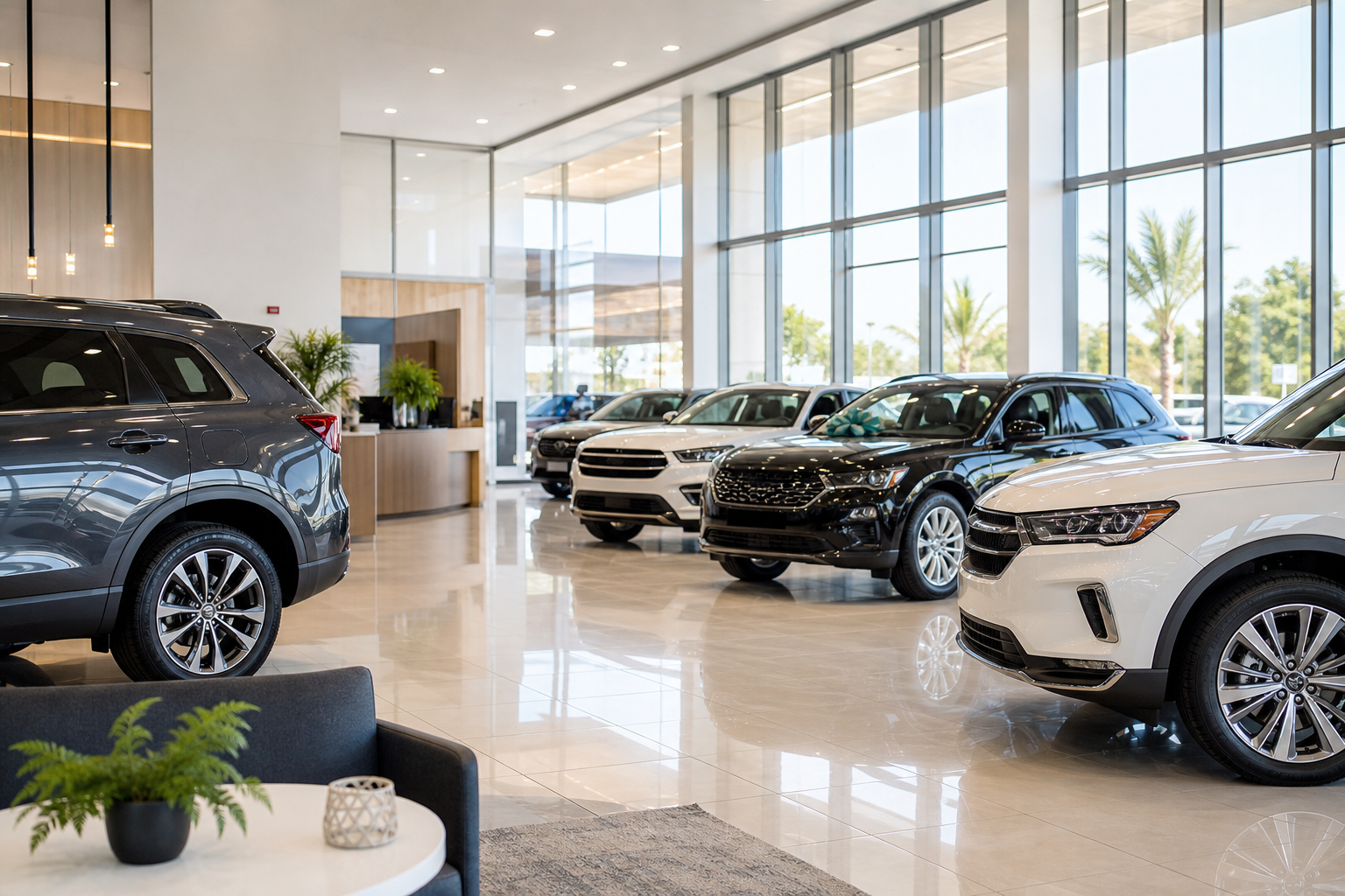 Polished car dealership showroom with glossy floors, vehicles, and large windows