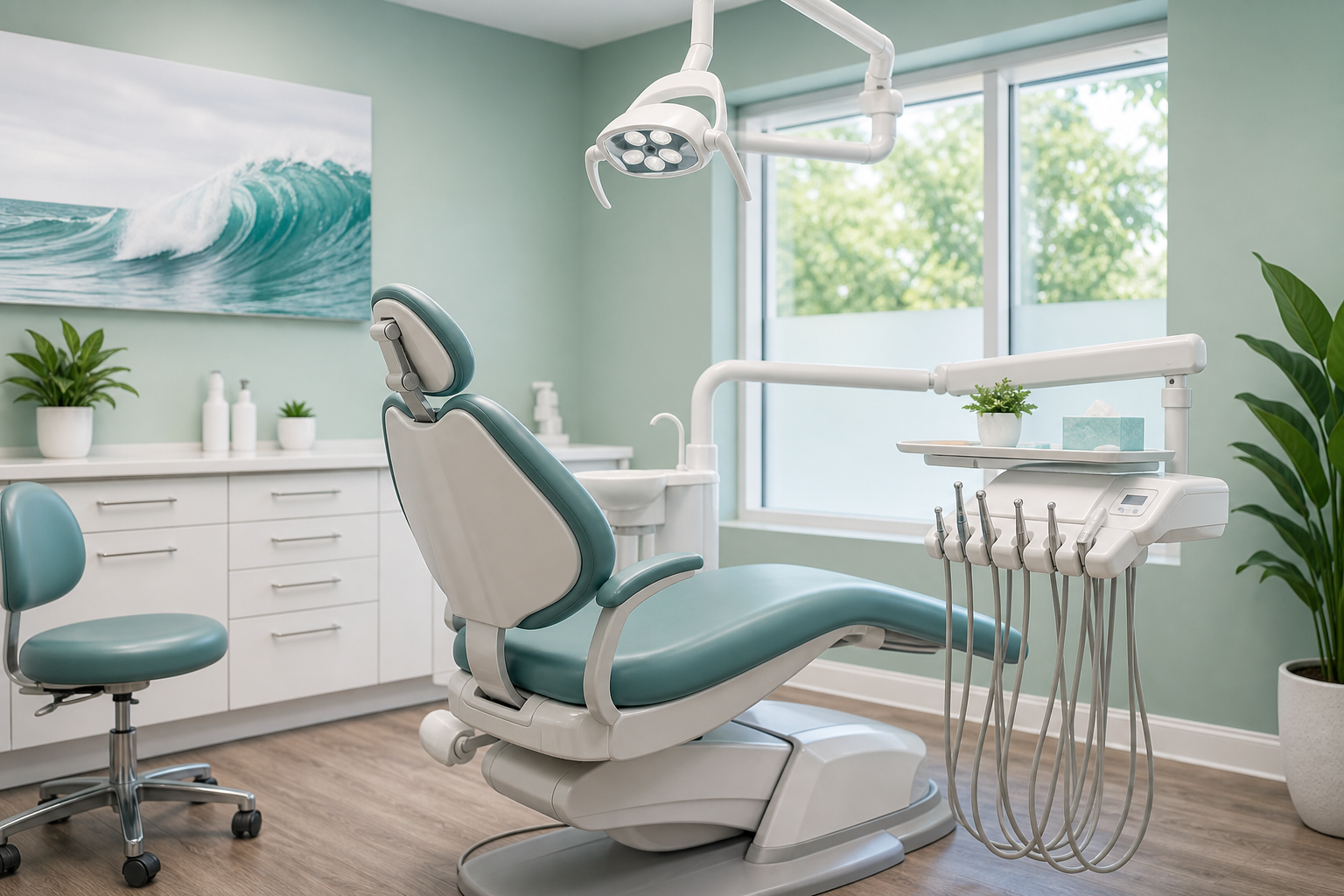 Bright dental office operatory with clean chair, instruments, and soft seafoam walls