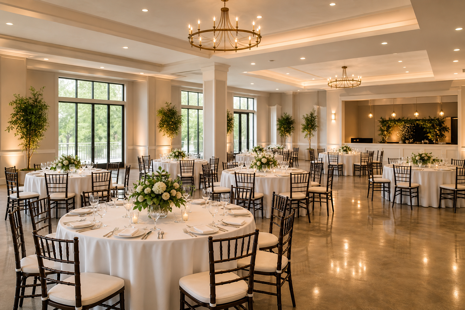 Elegant event venue with clean banquet seating, bright lighting, and polished floors