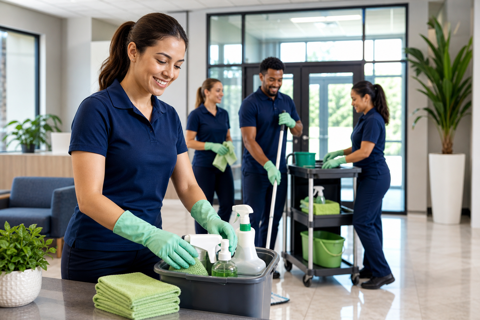 Smiling commercial cleaning team in navy uniforms preparing eco-friendly supplies inside a bright office lobby