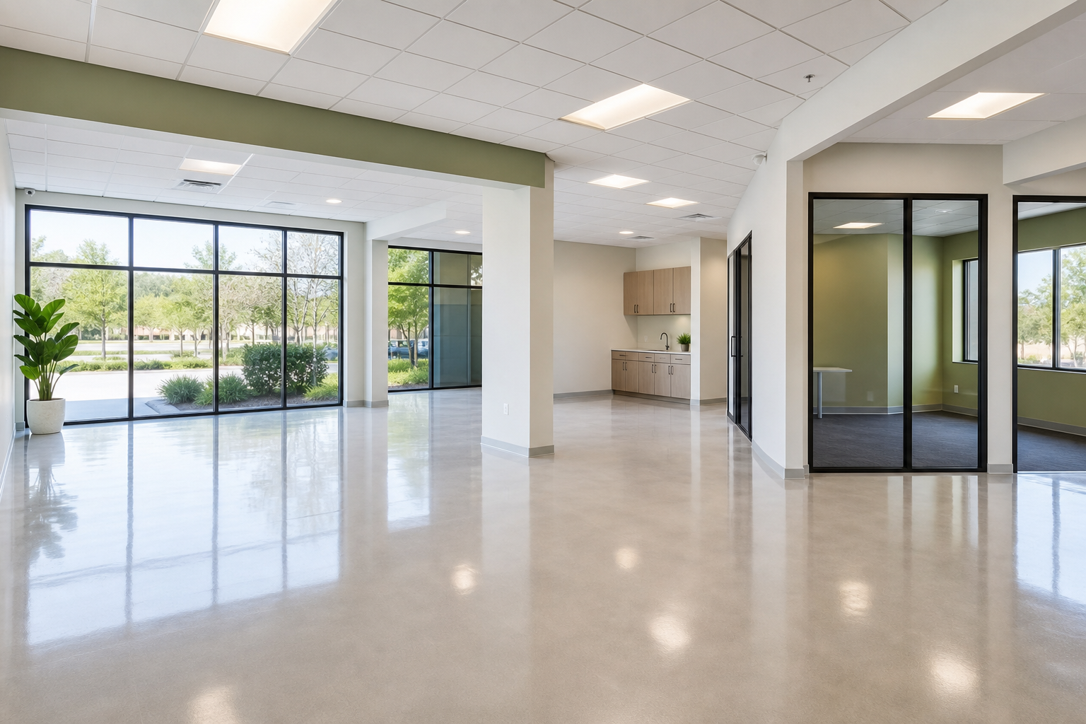 Freshly cleaned commercial suite with empty rooms, gleaming floors, and large windows