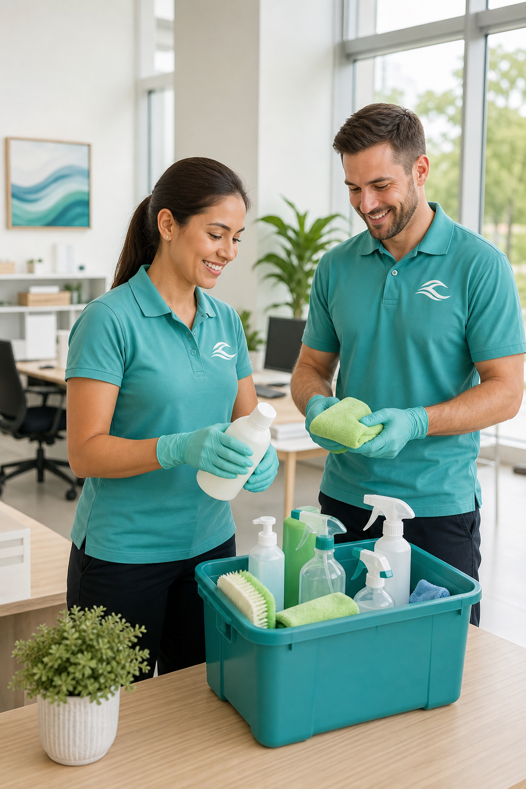 Warm, professional commercial cleaning team in coordinated uniforms preparing eco-friendly supplies inside a bright office