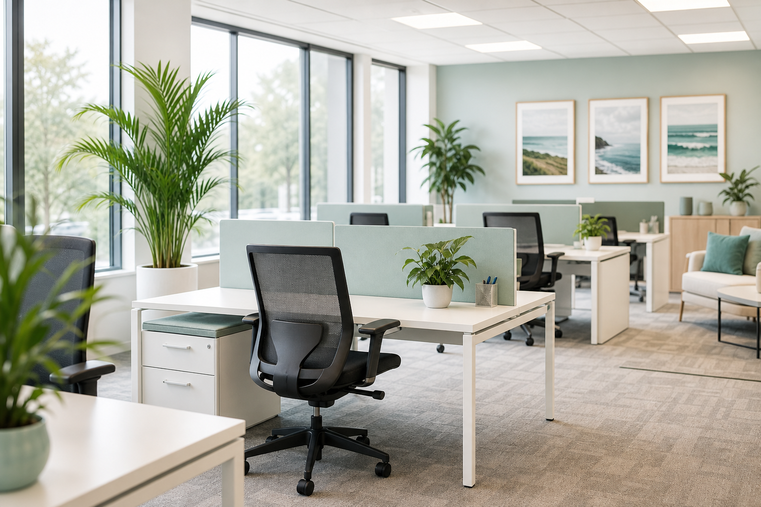 Bright modern office workspace with clean desks, ergonomic chairs, and natural light