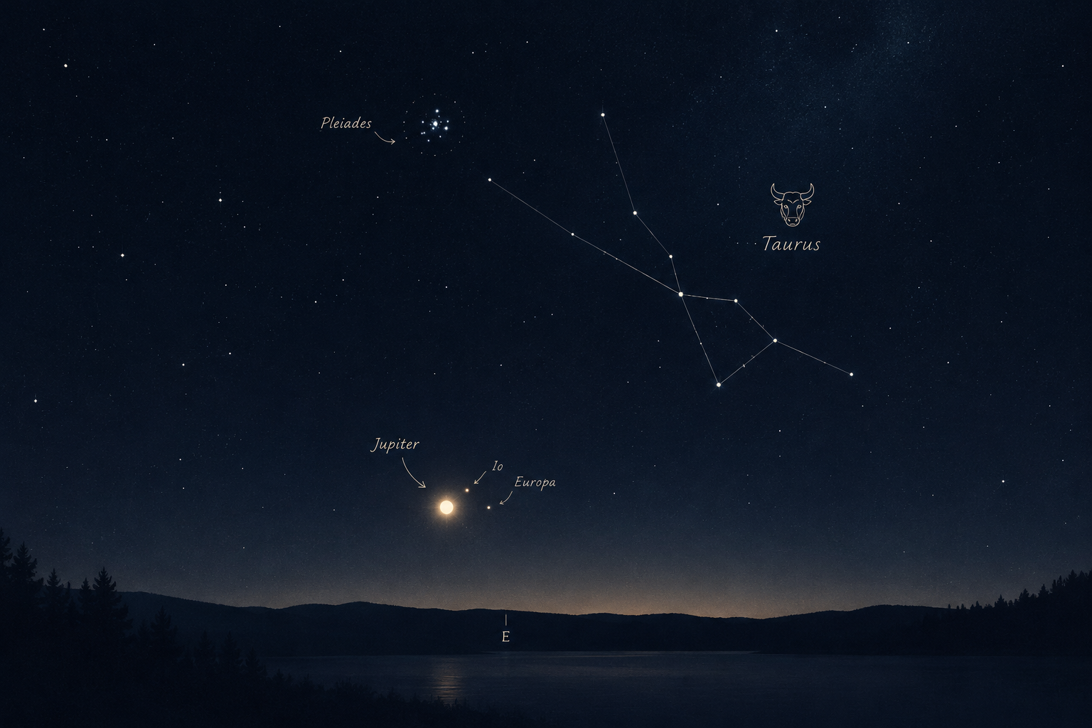 Hand-drawn style night sky chart showing Jupiter near the eastern horizon with two visible moons and simple constellation guide lines