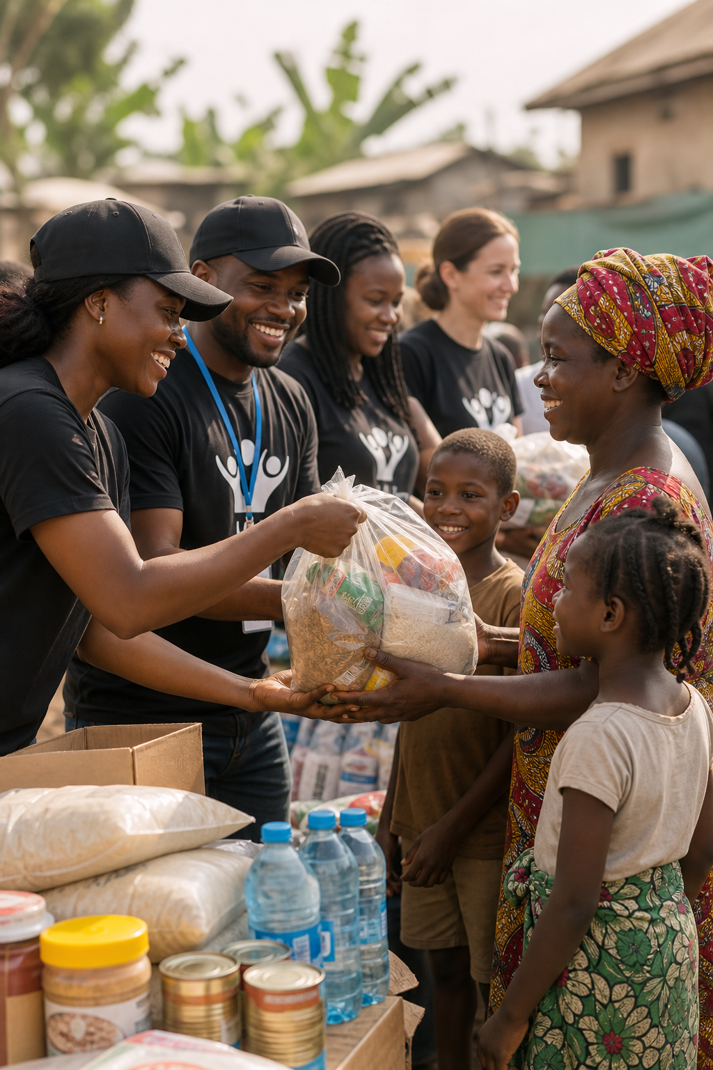 Community volunteers sharing relief supplies with smiling families